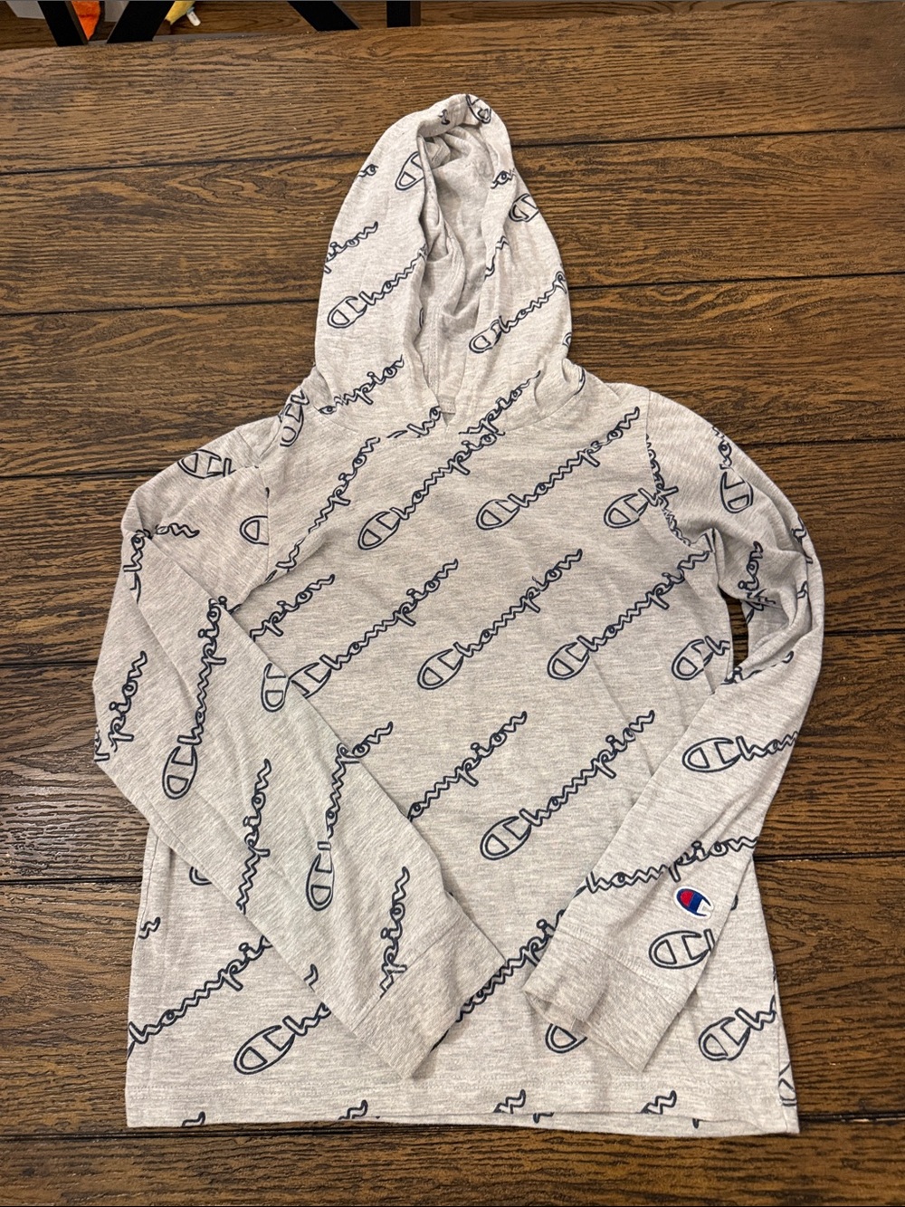 Champion Light Gray Hoodie with Navy Logo Print